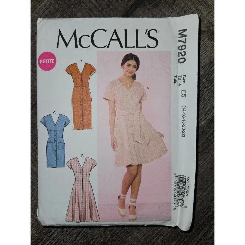 McCalls M7920 Misses Petite Button Front Dress Belt Sewing Pattern Size 14-22